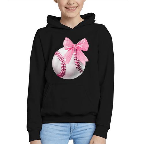Cute Coquette Baseball Pink Bow Player & Fan Girls Graphic Youth Hoodie - Sportilla