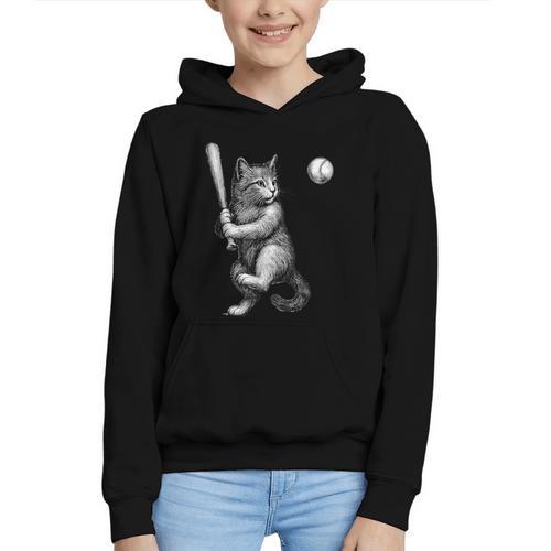 Cute Kitten Playing Baseball Hitter Bat Cool Baseball Cat Graphic Youth Hoodie - Sportilla