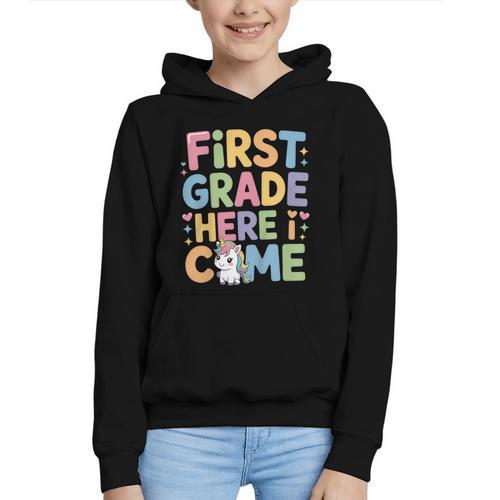 First Grade Here I Come Unicorn Back To School Graphic Youth Hoodie - Savourry