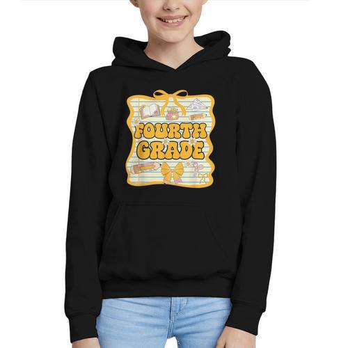 Fourth Grade Back To School Kids Girls Bow 4th Grade Groovy Graphic Youth Hoodie - Savourry
