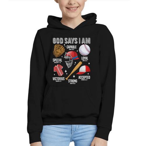 God Says I Am Baseball Player Catcher Pitcher Boys Men Graphic Youth Hoodie - Sportilla