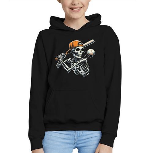 Halloween Boys Batting Skeleton Baseball Graphic Youth Hoodie - Sportilla