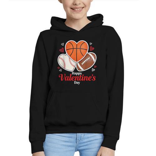 Happy Valentine’s Basketball Football Valentine Baseball Graphic Youth Hoodie - Sportilla