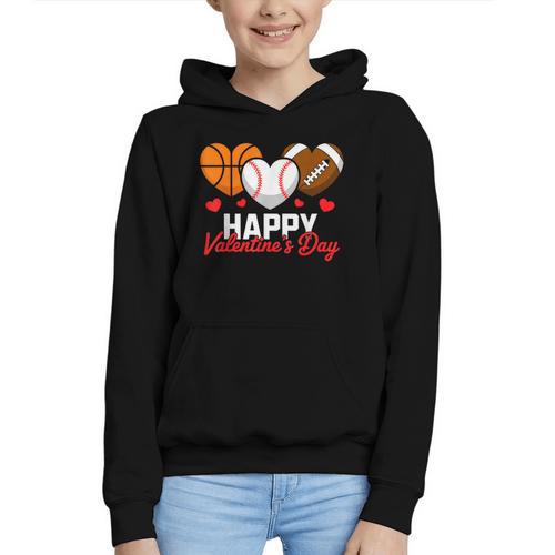 Happy Valentine’s Day Basketball Football Baseball Hearts Graphic Youth Hoodie - Sportilla