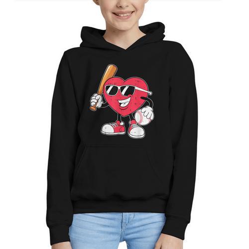 Heart Play Baseball Valentine's Day Teens Boys Girls Kids Graphic Youth Hoodie - Sportilla