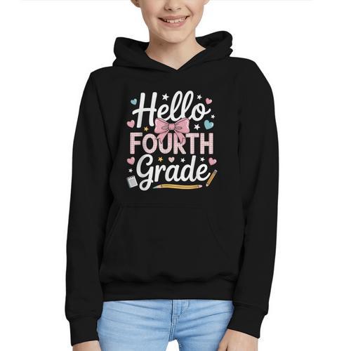 Hello Fourth Grade Back To School Girl Hearts Pink Bow Kids Graphic Youth Hoodie - Savourry