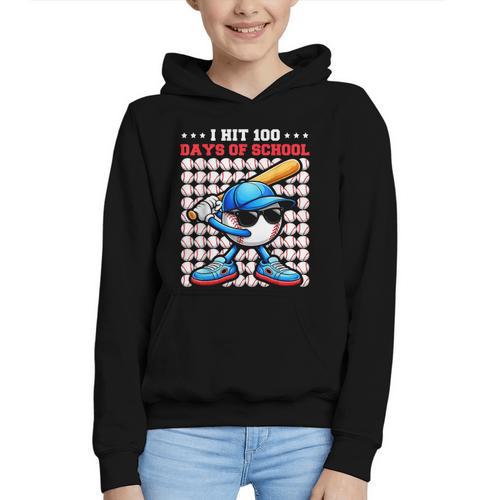 I Hit 100 Days Of School Baseball Player Kids Boys Son Graphic Youth Hoodie - Sportilla