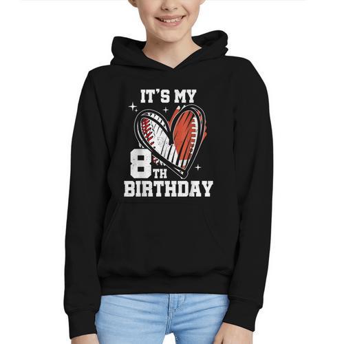 It's My 8th Birthday Baseball Football Heart 8 Year Old Graphic Youth Hoodie - Sportilla