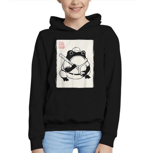 Japanese Grumpy Frog Baseball Player Baseball Graphic Youth Hoodie - Sportilla