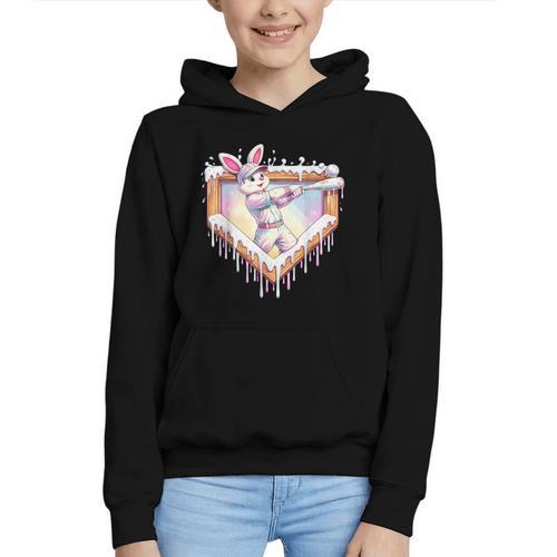 Kids Happy Easter Bunny Playing Baseball Boy Ice Cream Drip Graphic Youth Hoodie - Sportilla