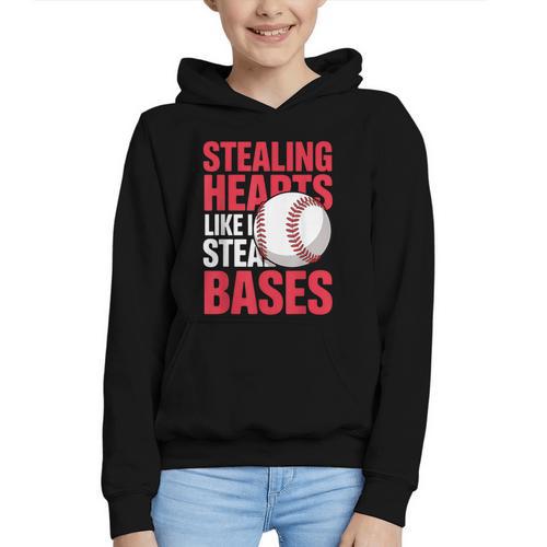 Kids Stealing Hearts Like I Steal Bases Cute Baseball Boys Graphic Youth Hoodie - Sportilla