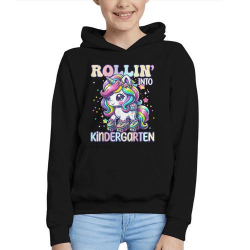 Kindergarten Back To School First Day Girls Rollin Unicorn Graphic Youth Hoodie - Savourry