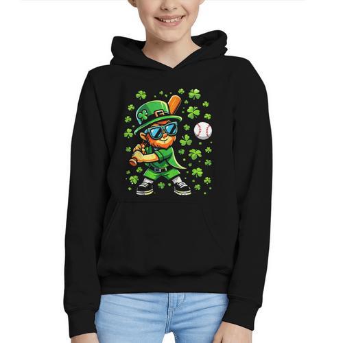 Leprechaun Playing Baseball Happy St Patricks Day Men Boys Graphic Youth Hoodie - Sportilla