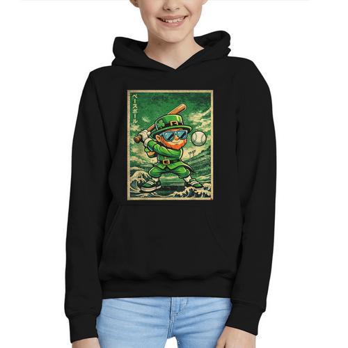 Leprechaun Playing Baseball Japanese Art St Patricks Day Graphic Youth Hoodie - Sportilla