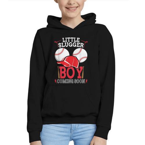 Little Slugger Boy Coming Soon Baby Announcement Baseball Graphic Youth Hoodie - Sportilla