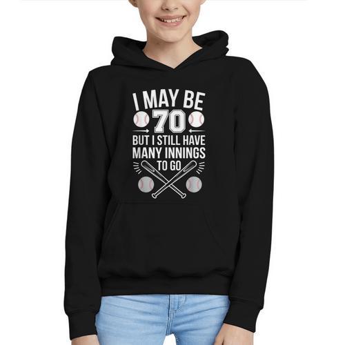 I May Be 70 Baseball Player 70th Birthday Party Graphic Youth Hoodie - Sportilla