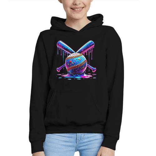 Neon Dripping Baseball And Bats Colorful Sports Art Graphic Youth Hoodie - Sportilla