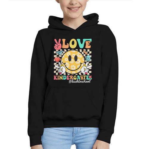 Peace Love Kindergarten Smile Face Back To School Girls Kids Graphic Youth Hoodie - Savourry