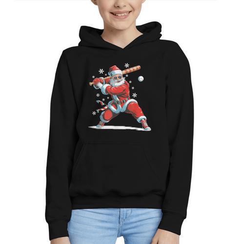 Santa Playing Baseball Christmas Candy Cane Fun Xmas Holiday Graphic Youth Hoodie - Sportilla