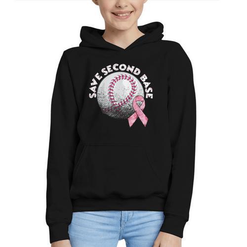 Save 2nd Base Breast Cancer Awareness Pink Ribbon Baseball Graphic Youth Hoodie - Sportilla
