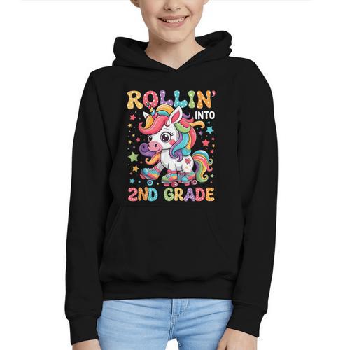 Second Grade Back To School First Day Girls Rollin Unicorn Graphic Youth Hoodie - Savourry