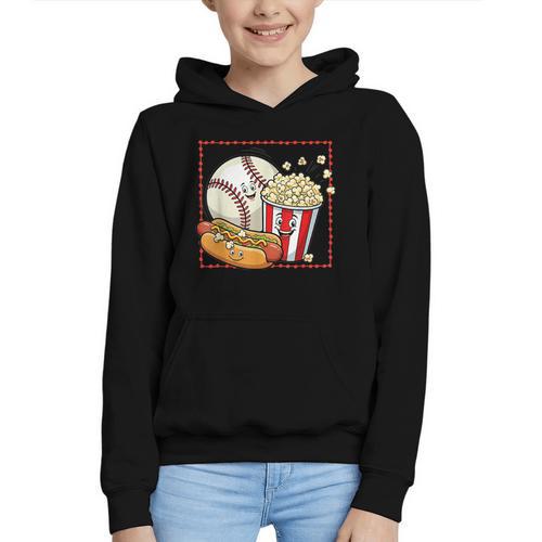 Smiling Baseball Popcorn And Hot-Dog Cartoon Apparel Graphic Youth Hoodie - Sportilla