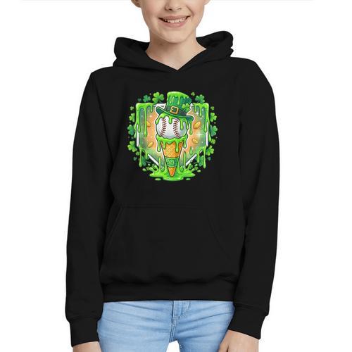 St Patrick Day Baseball Drip Ice Cream Baseball Home Plate Graphic Youth Hoodie - Sportilla