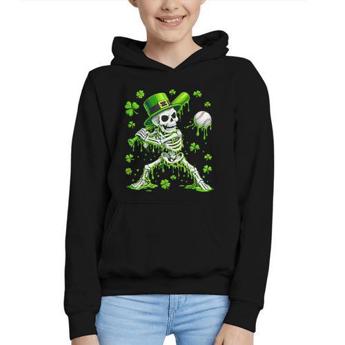 St Patricks Day Baseball Skeleton Irish Leprechaun Hat Boys Graphic Youth Hoodie - Sportilla