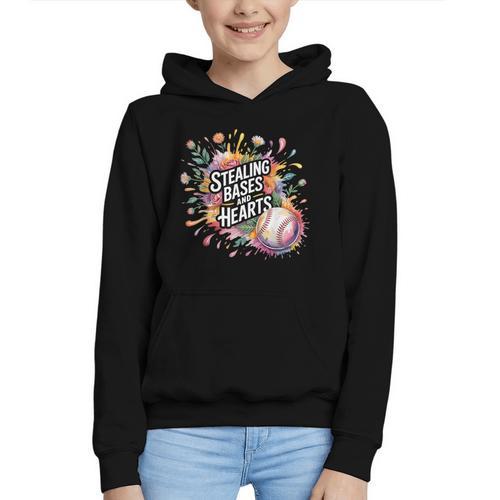 Stealing Bases And Hearts Baseball Puns Sports Graphic Youth Hoodie - Sportilla