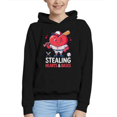 Stealing Hearts And Bases Baseball Player Valentine's Day Graphic Youth Hoodie - Sportilla