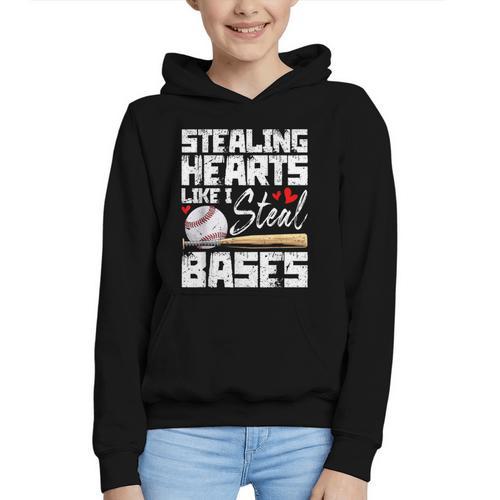 Stealing Hearts Like I Steal Bases Baseball Valentines Graphic Youth Hoodie - Sportilla