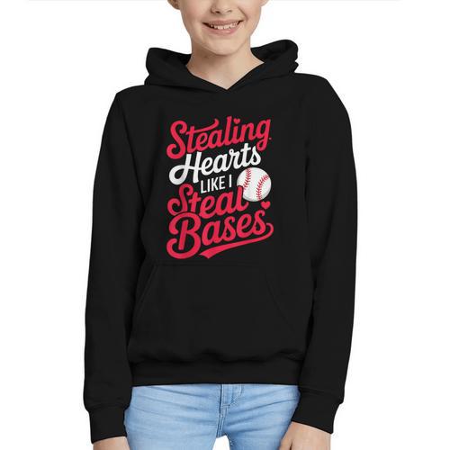 Stealing Hearts Like I Steal Bases Cute Baseball Boys Graphic Youth Hoodie - Sportilla