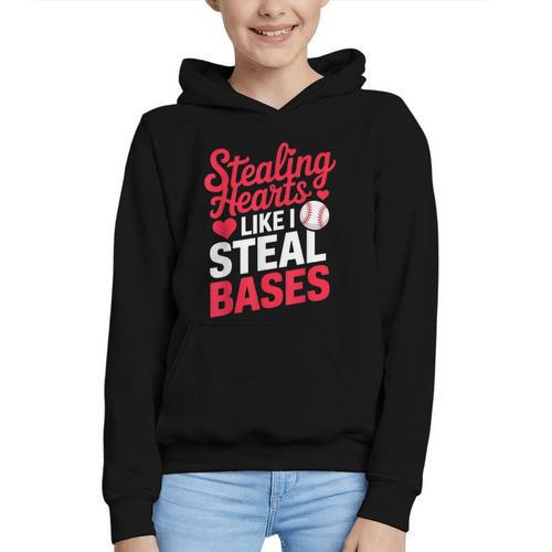 Stealing Hearts Like I Steal Bases Cute Baseball Valentine Graphic Youth Hoodie - Sportilla