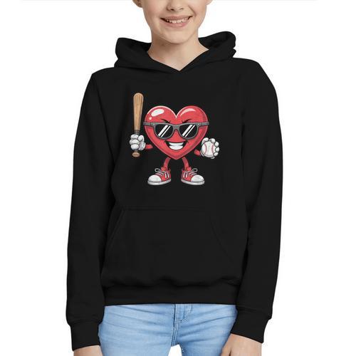 Valentines Day Heart Playing Baseball Boys Men Kids Girls Graphic Youth Hoodie - Sportilla