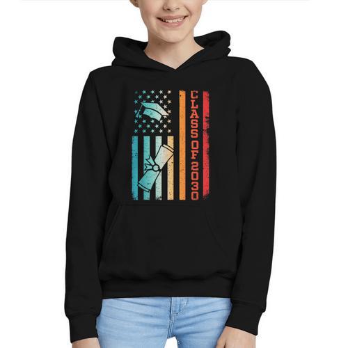 Vintage Class Of 2030 Graduation Back To School USA Flag Graphic Youth Hoodie - Savourry