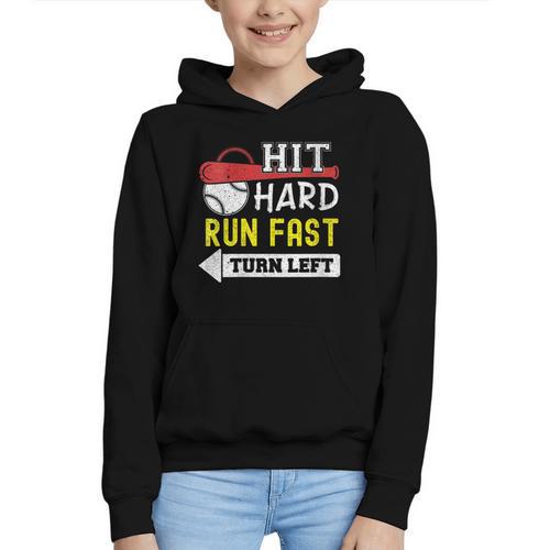 Women's Hit Hard Run Fast Turn Left Baseball Quote Fan Coach Graphic Youth Hoodie - Sportilla