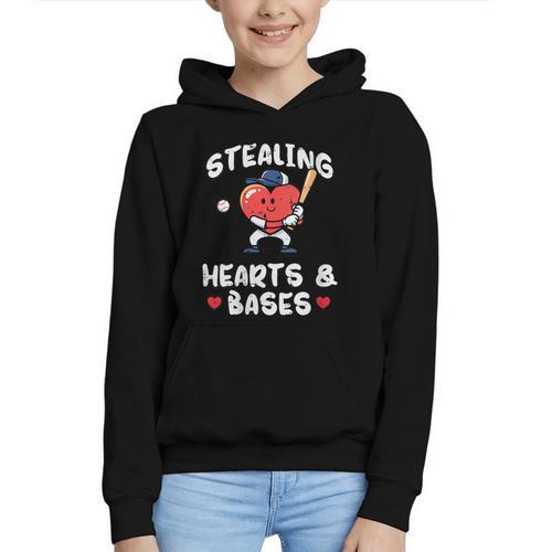 Women's Valentines Day Baseball Stealing Hearts Bases Boys Kids Men Graphic Youth Hoodie - Sportilla