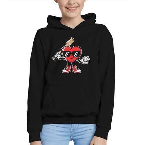 Women's Valentines Day Heart Baseball Player Sports Boys Kids Men Graphic Youth Hoodie - Sportilla