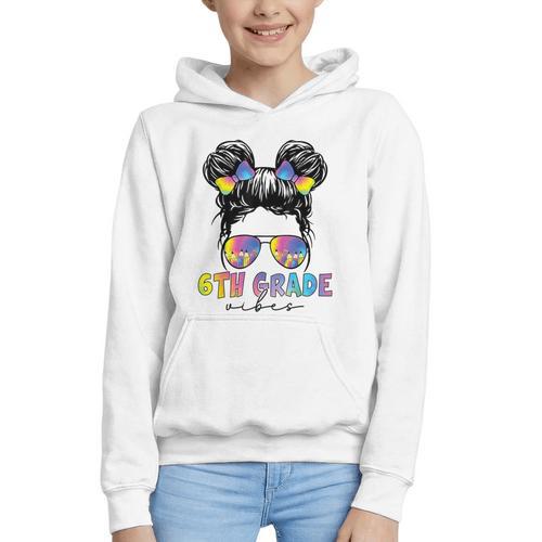 6th Grade Vibes Messy Hair Bun Girl Back To School First Day Graphic Youth Hoodie - Savourry
