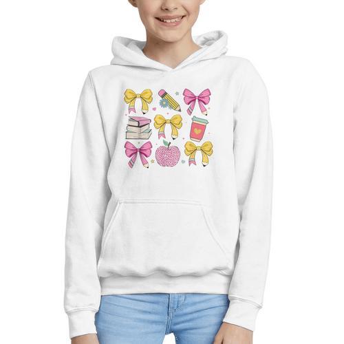 Apple Coquette Bow Books First Day Of School Back To School Graphic Youth Hoodie - Savourry