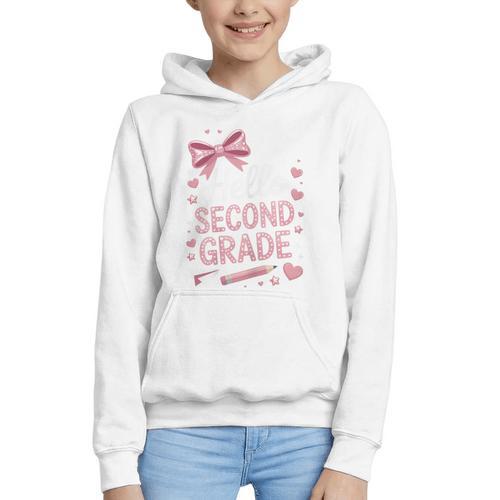 Back To School Cute Pink Coquette Girls Hello Second Grade Graphic Youth Hoodie - Savourry