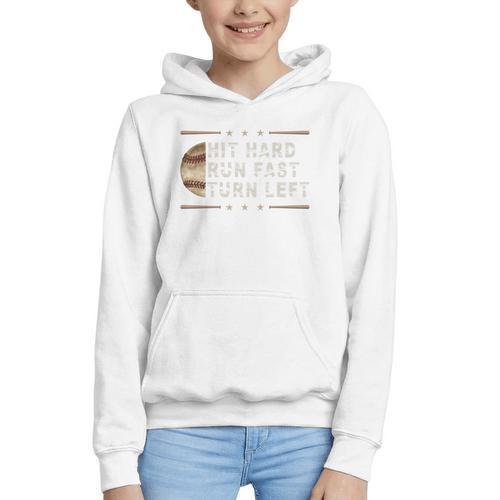 Baseball Hit Hard Run Fast Turn Left Men Boys Graphic Youth Hoodie - Sportilla