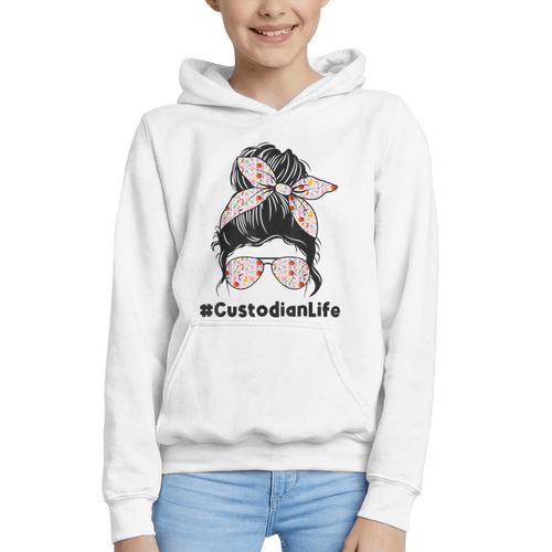 Custodian Life Messy Bun Hair Glasses Leopard Back To School Graphic Youth Hoodie - Savourry