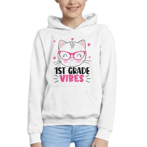 Cute 1st Grade Vibes Cat Kitten Lover Back To School Girls Graphic Youth Hoodie - Savourry