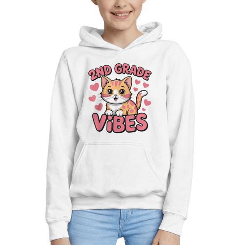 Cute Cat 2nd Grade Vibes Back To School Second Grade Girls Graphic Youth Hoodie - Savourry