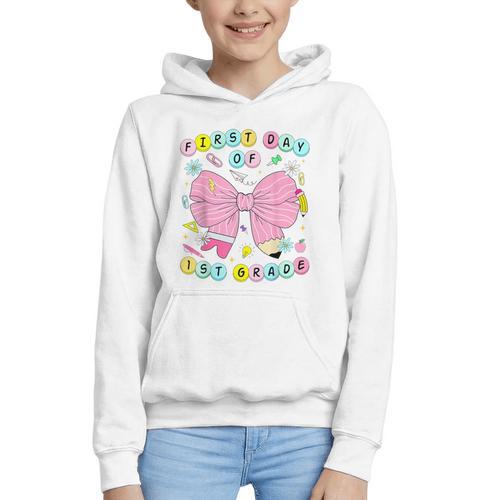 First Day Of 1st Grade Girls Coquette Back To School Kids Graphic Youth Hoodie - Savourry