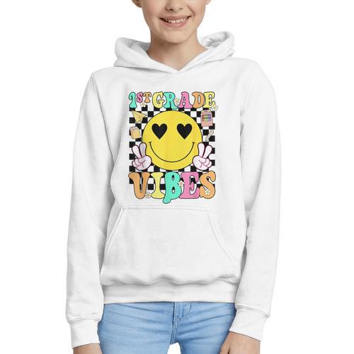 Girls 1st Grade Vibes Smile Face Back To School First Grade Graphic Youth Hoodie - Savourry