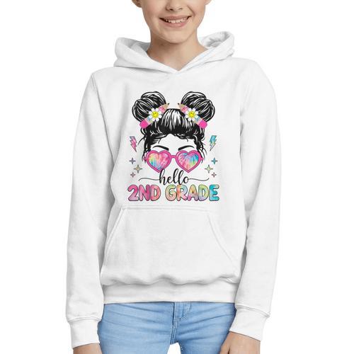 Hello 2nd Grade Messy Bun Girl Back To School First Day Graphic Youth Hoodie - Savourry