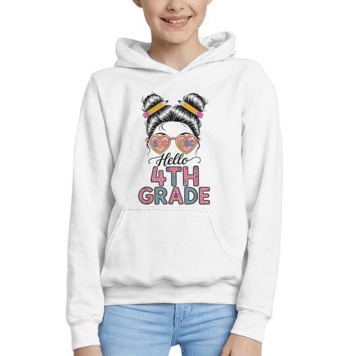 Hello 4th Grade Messy Bun Hair Back To School Girls Graphic Youth Hoodie - Savourry