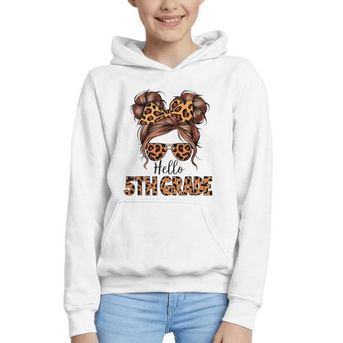 Hello 5th Grade Messy Hair Bun Girl Back To School First Day Graphic Youth Hoodie - Savourry